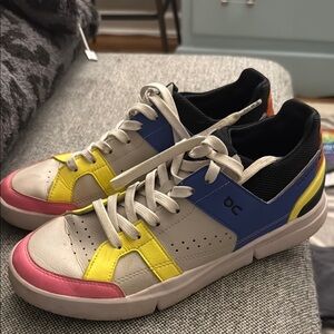 On Cloud Sneakers with Pink, Yellow, and Blue Accents